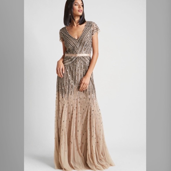 ADRIANNA PAPELL SEQUIN BEADED EMBELLISHED GOLD BRONZE MAXI DRESS LONG GOWN 4 - Picture 1 of 8